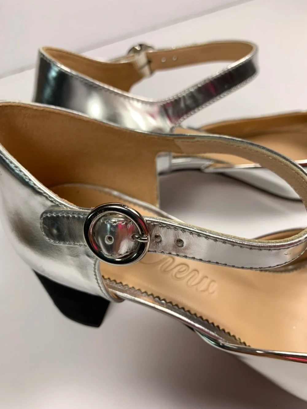 J.Crew Maisie Silver Leather Mary Jane Block Heels Black Cap Toe 9.5